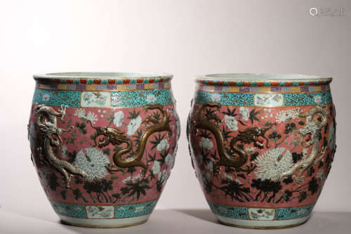 Pair of Carved Famille Rose Dragon Jars