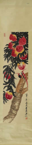 Chinese Peach Painting Scroll, Qi Baishi Mark