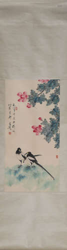 Chinese Peony Painting Scroll, Wang Xuetao Mark