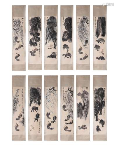 Twelve Chinese Bulls Painting Scrolls, Li Keran Mark