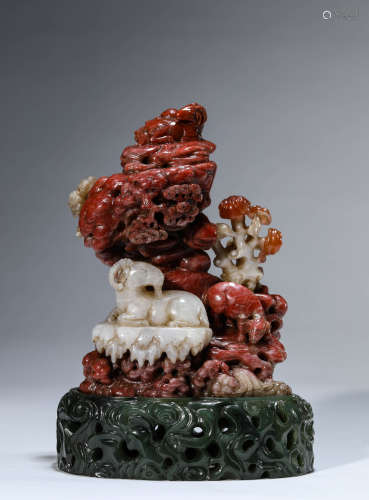 Carved Agate Three Rams Boulder