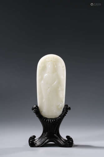 Carved White Jade Table Screen with Guanyin Pattern