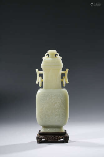 Carved White Jade Beast Vase and Cover