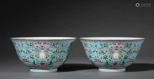 Pair of Famille Rose Bats and Flower Bowls