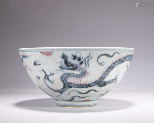 An underglaze-blue and copper-red 'dragon' bowl