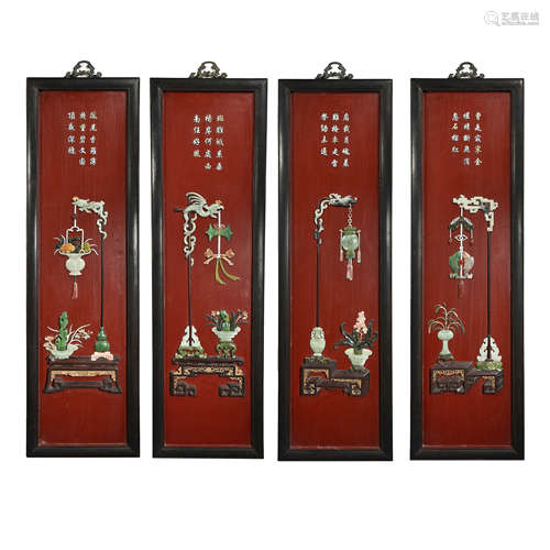 A GROUP OF PALACE WOODEN HANGING SCREENS WITH TREASURES, QIN...