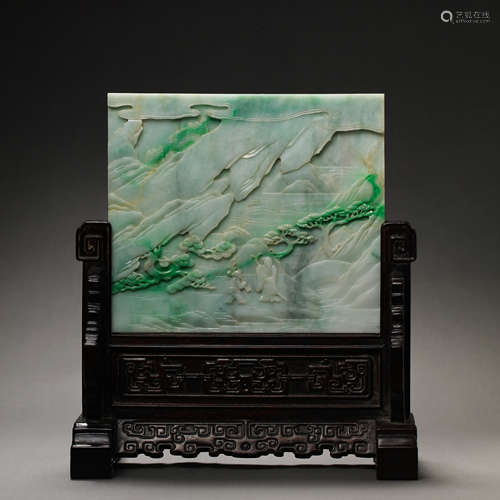 CHINESE SANDALWOOD JADE SCREEN, QING DYNASTY