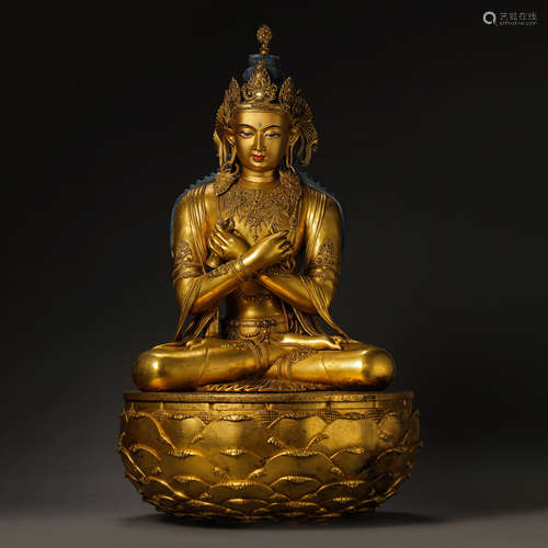 CHINESE QING DYNASTY BRONZE GILDING BUDDHA SITTING STATUE