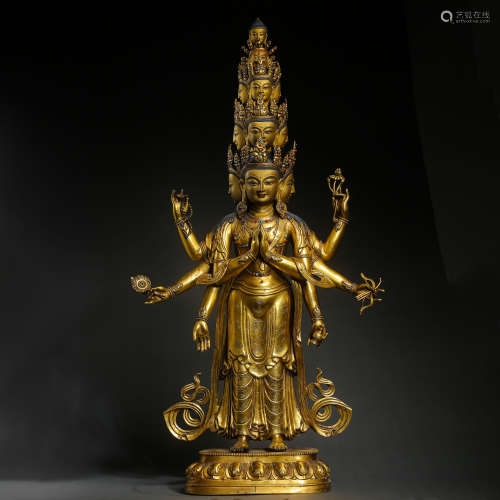 CHINESE QING DYNASTY BRONZE GILDING BUDDHA STATION STATUE
