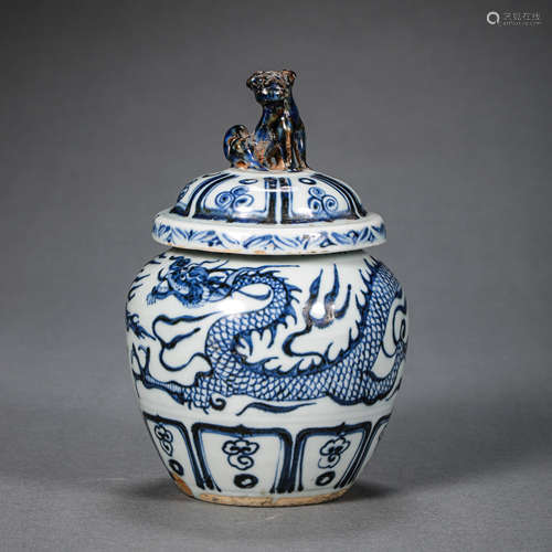 YUAN DYNASTY BLUE AND WHITE DRAGON LID JAR