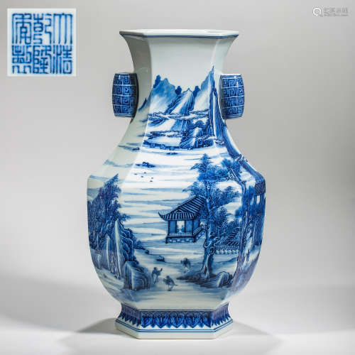 CHINESE QING DYNASTY QIANLONG PERIOD BLUE AND WHITE LANDSCAP...