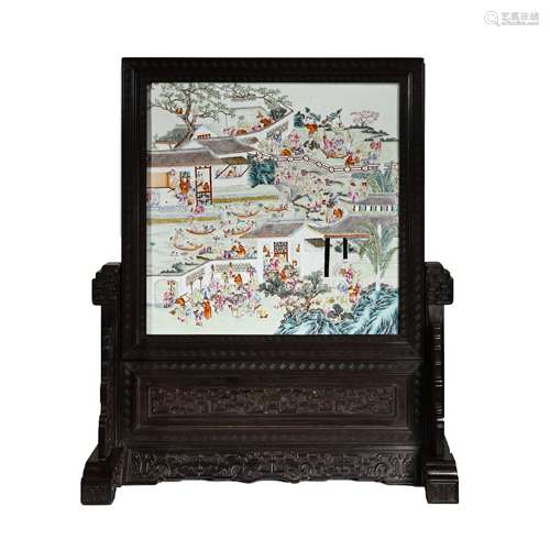 CHINESE SANDALWOOD PORCELAIN PANEL, QING DYNASTY