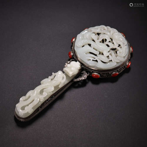 HETIAN JADE HAND-HANDLED MIRROR, QING DYNASTY CHINA