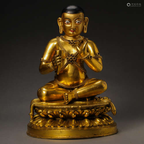CHINESE QING DYNASTY BRONZE GILDING BUDDHA SITTING STATUE