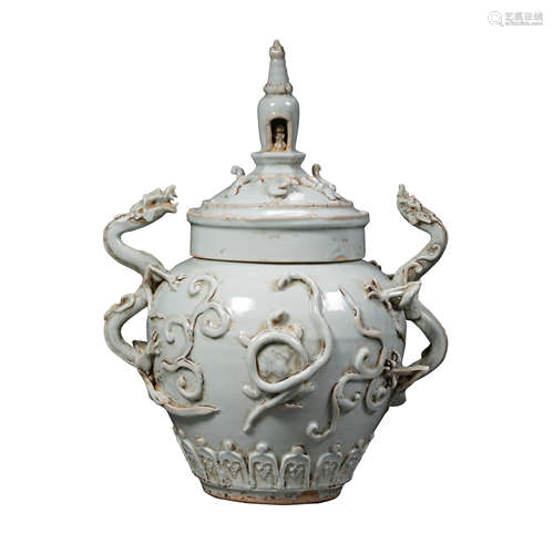 CHINESE YUAN DYNASTY, SHUFU WARE DOUBLE DRAGON JAR 13TH CENT...