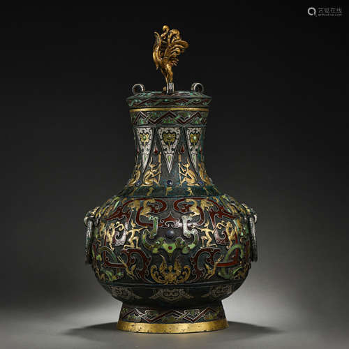 CHINESE WARRING STATES PERIOD BRONZE BOTTLE INLAID TURQUOISE...