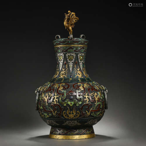CHINESE WARRING STATES PERIOD BRONZE BOTTLE INLAID TURQUOISE...