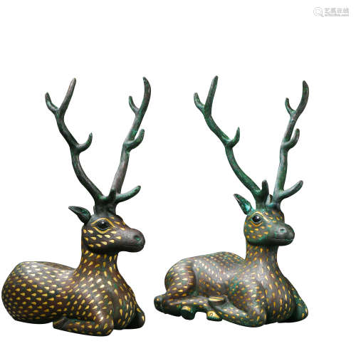A PAIR OF BRONZE DEER INLAID GOLD AND SILVER, DURING THE WAR...