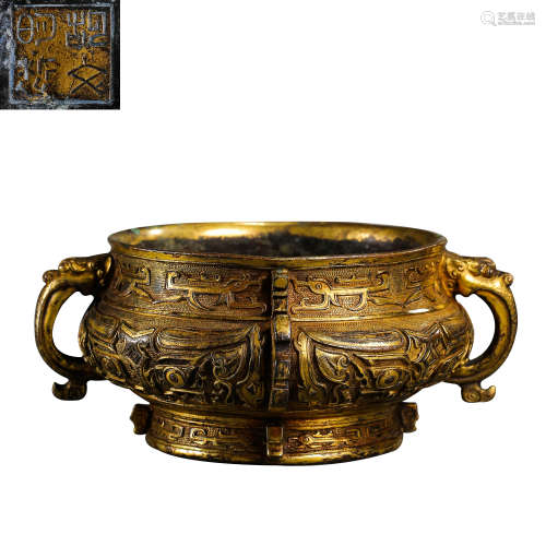 CHINESE QING DYNASTY GILT COPPER CENSER, 17TH CENTURY