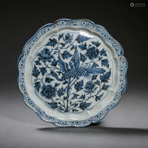 CHINESE YUAN DYNASTY BLUE AND WHITE PORCELAIN PLATE 13TH CEN...