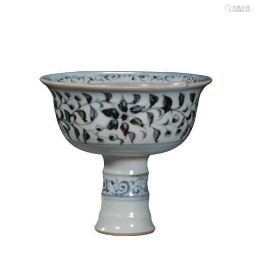 CHINESE YUAN DYNASTY BLUE AND WHITE FIGURE STEM CUP, 13TH CE...