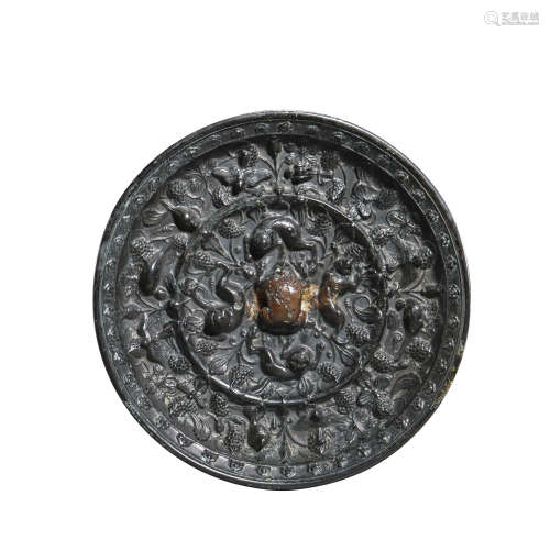 CHINESE TANG DYNASTY BRONZE SEA BEAST GRAPE MIRROR, 7TH CENT...