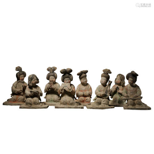 A SET OF CHINESE TANG DYNASTY PAINTED POTTERY FIGURINES, 7TH...