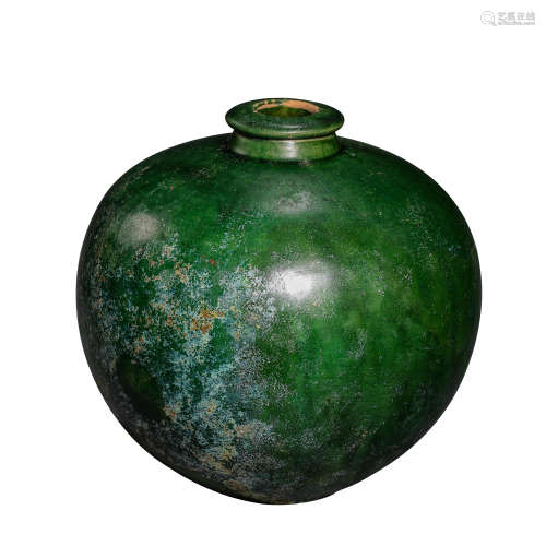 CHINESE FIVE DYNASTIES GREEN GLASS POT, 10TH CENTURY