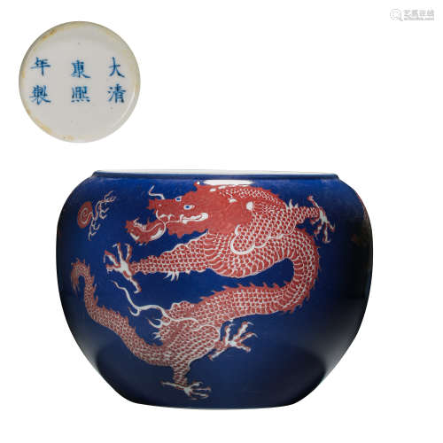 CHINESE QING DYNASTY BLUE-GLAZED JAR WITH PINK DRAGON PATTER...