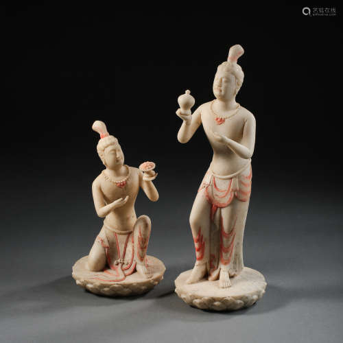 TWO CHINESE TANG DYNASTY WHITE MARBLE MEN FIGURES, 7TH CENTU...