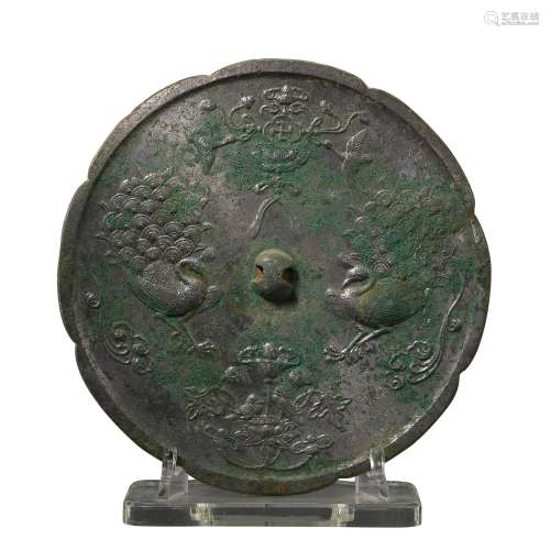 CHINESE TANG DYNASTY BRONZE MIRROR WITH DOUBLE PHOENIX PATTE...