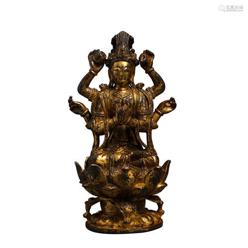 CHINA'S LIAO AND JIN DYNASTIES GILT BRONZE SEATING BUDDHA ST...