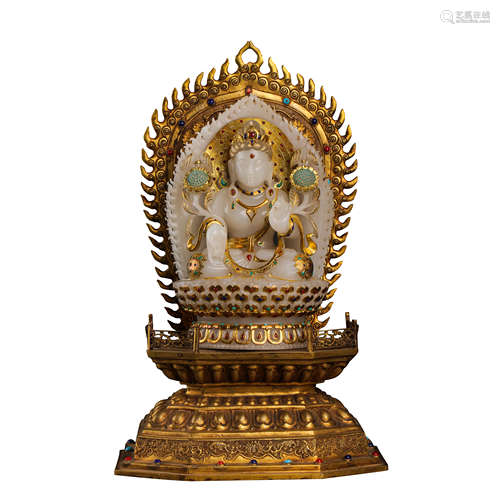 CHINESE QING DYNASTY GILT BRONZE BUDDHA STATUE INLAID HETIAN...