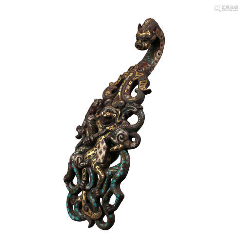 CHINESE WARRING STATES PERIOD, BRONZE HOOK INLAID TURQUOISE,...