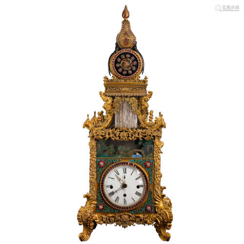 CHINESE QING DYNASTY GILT BRONZE BAS-RELIEF CLOCK WITH GEMST...