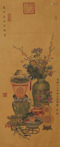 Chinese Flower and Antiques Painting, Ink and Colour on Silk...