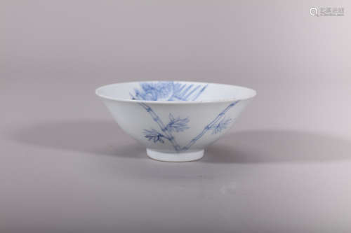 Blue and White Bamboo and Phoenix Bowl, Qing Kangxi Period