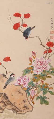 Chinese Flower and Bird Painting, Paper, Hanging Scroll, Tia...