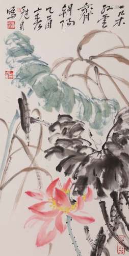 Chinese Lotus Painting, Paper, Hanging Scroll, Wu Guannan Ma...