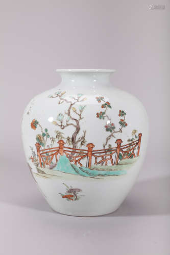 Qing Wucai Crane and Deer Jar