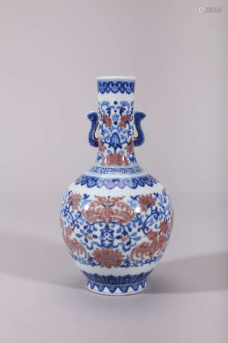 Blue and White Underglaze Red Ruyi-eared Bats Vase, Qing Jia...