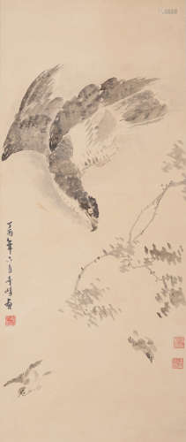 Chinese Eagle Painting, Ink and Colour on Paper, Hanging Scr...