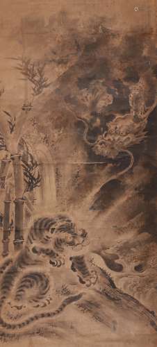 Chinese Dragon and Tiger Painting, Paper, Hanging Scroll, Su...