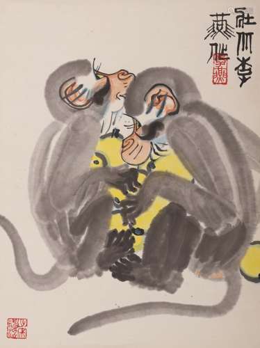 Chinese Monkey Painting, Hanging Scroll, Li Yan Mark