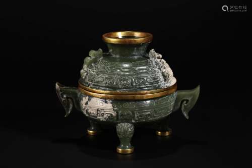 Tang Dynasty Hetian green jade animal ear incense burner
