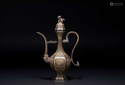 Qing Dynasty silver gilt and engraved hand-held pot