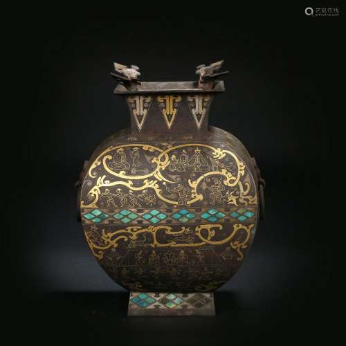 Han Dynasty bronze gold and silver character story jar