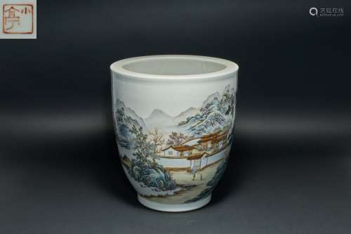 Qing Dynasty pastel landscape large pot