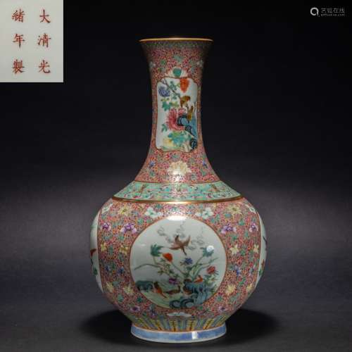 Qing Dynasty pastel flowers and birds large bottle