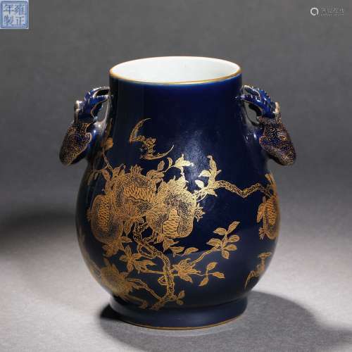 Qing Dynasty blue glaze painted gold deer head zun